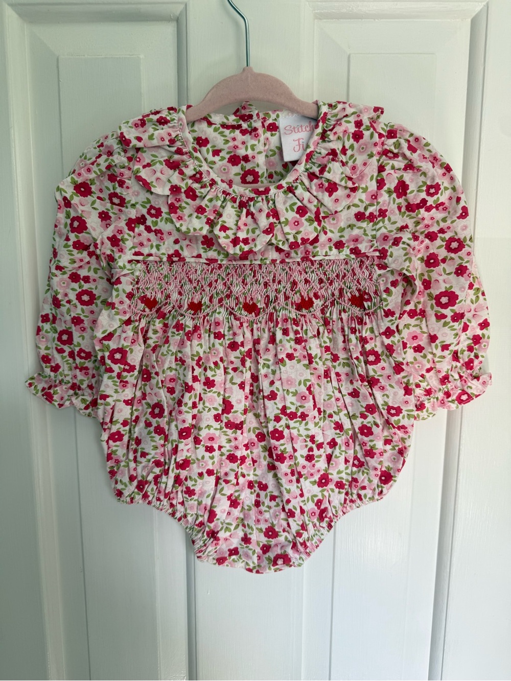 Stitchy Fish Girls Smocked Heart Floral Bubble Romper Valentine Pink Red